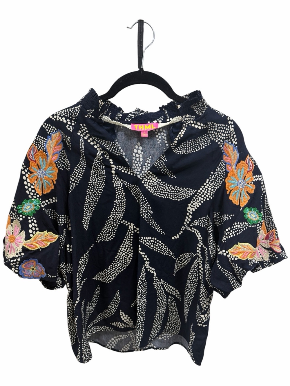 THML Navy Floral Embroidered Puff Sleeve Blouse